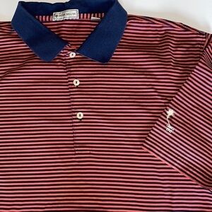Peter Millar, men’s short sleeve shirt, size large rust colored navy stripes